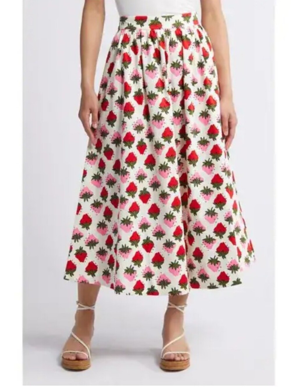 Boden Layla Cotton Sateen Skirt in Ivory Strawberry Pop Size 12R
